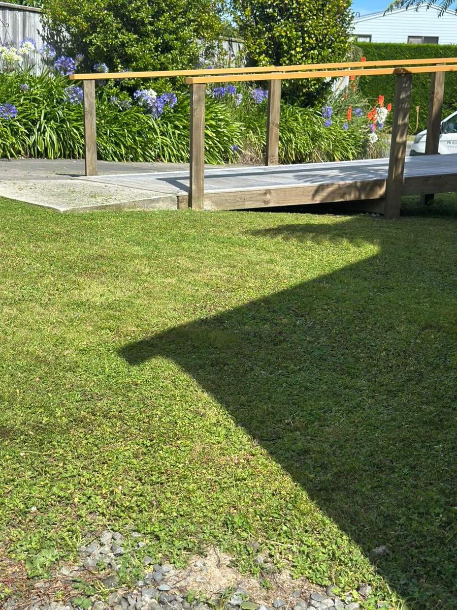 Garden path with flowering agapanthus alongside a deck